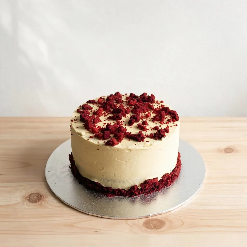 Creamy white frosted cake topped with red velvet cake crumbs on a silver base