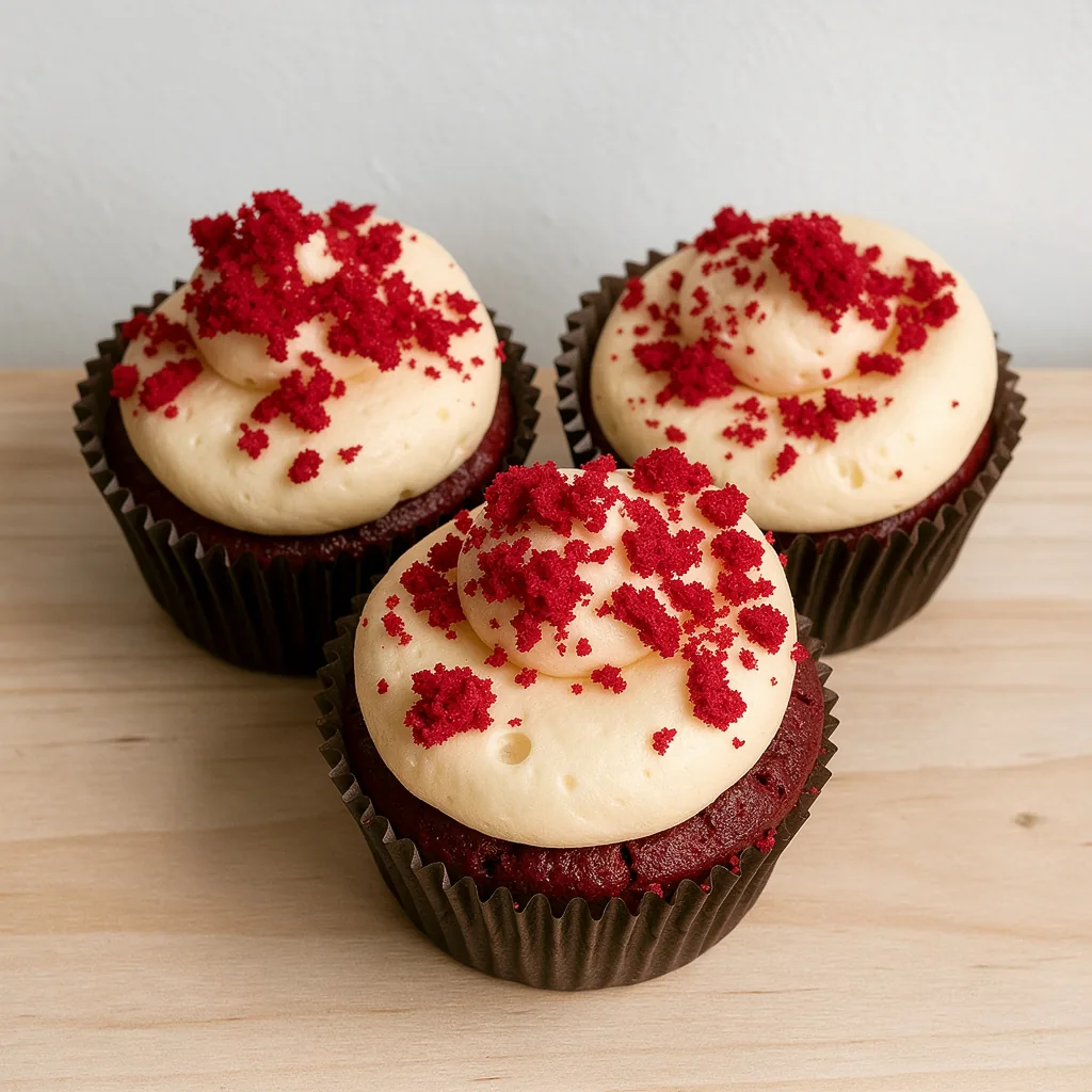 Three red velvet cupcakes with cream cheese frosting and red velvet crumbs on a wooden surface