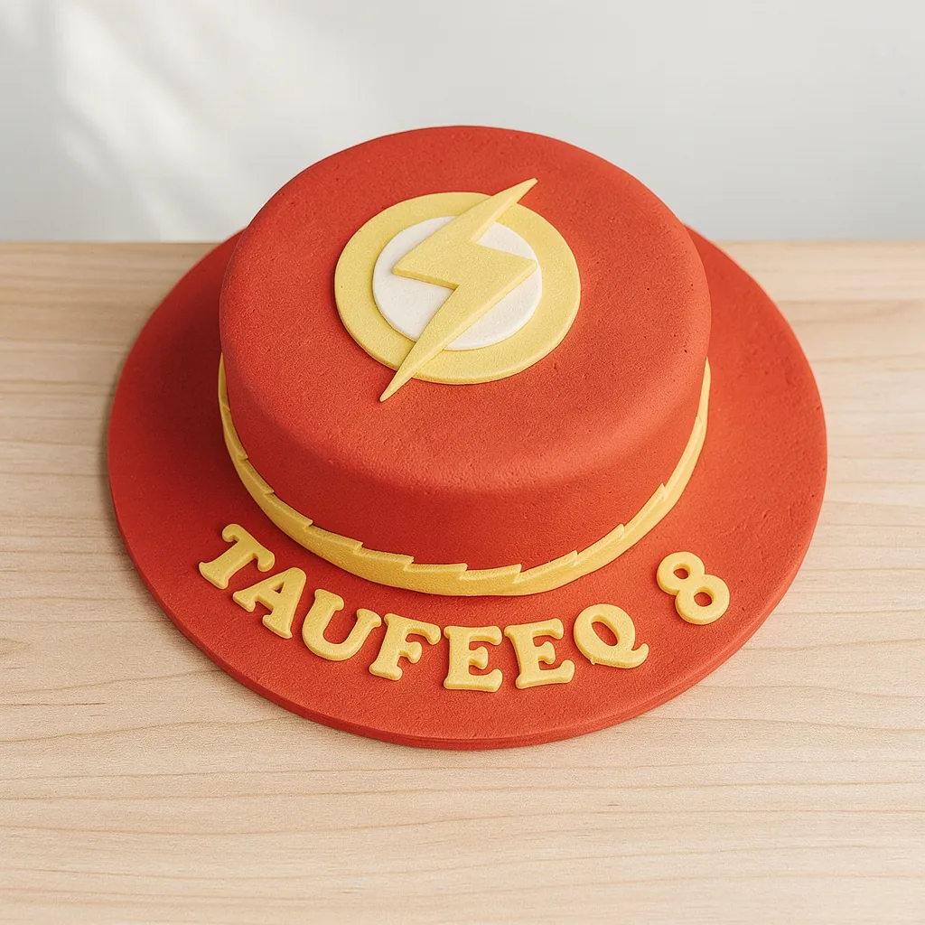 Round red cake with yellow lightning bolt on top and yellow letters at base