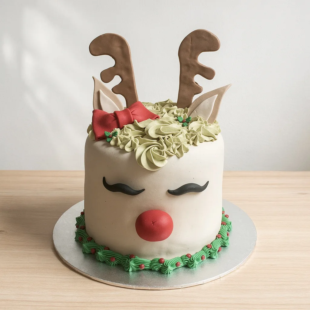 Round cake decorated as a reindeer with antlers, red nose, eyelashes, and green icing garland