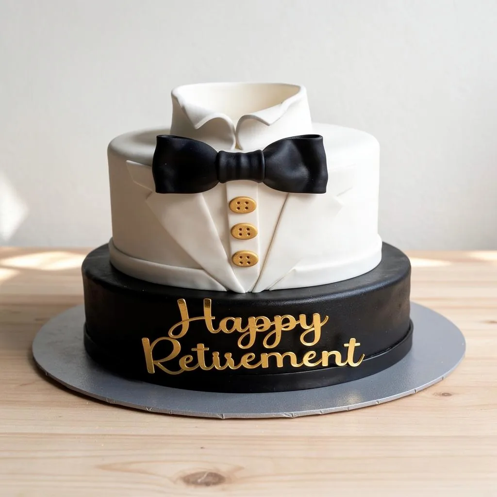 Two-tier cake with a tuxedo design and Happy Retirement in gold script