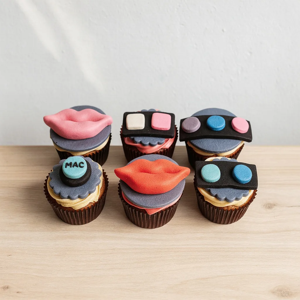 Six cupcakes with retro lipstick and makeup-themed fondant decorations in pastel colors