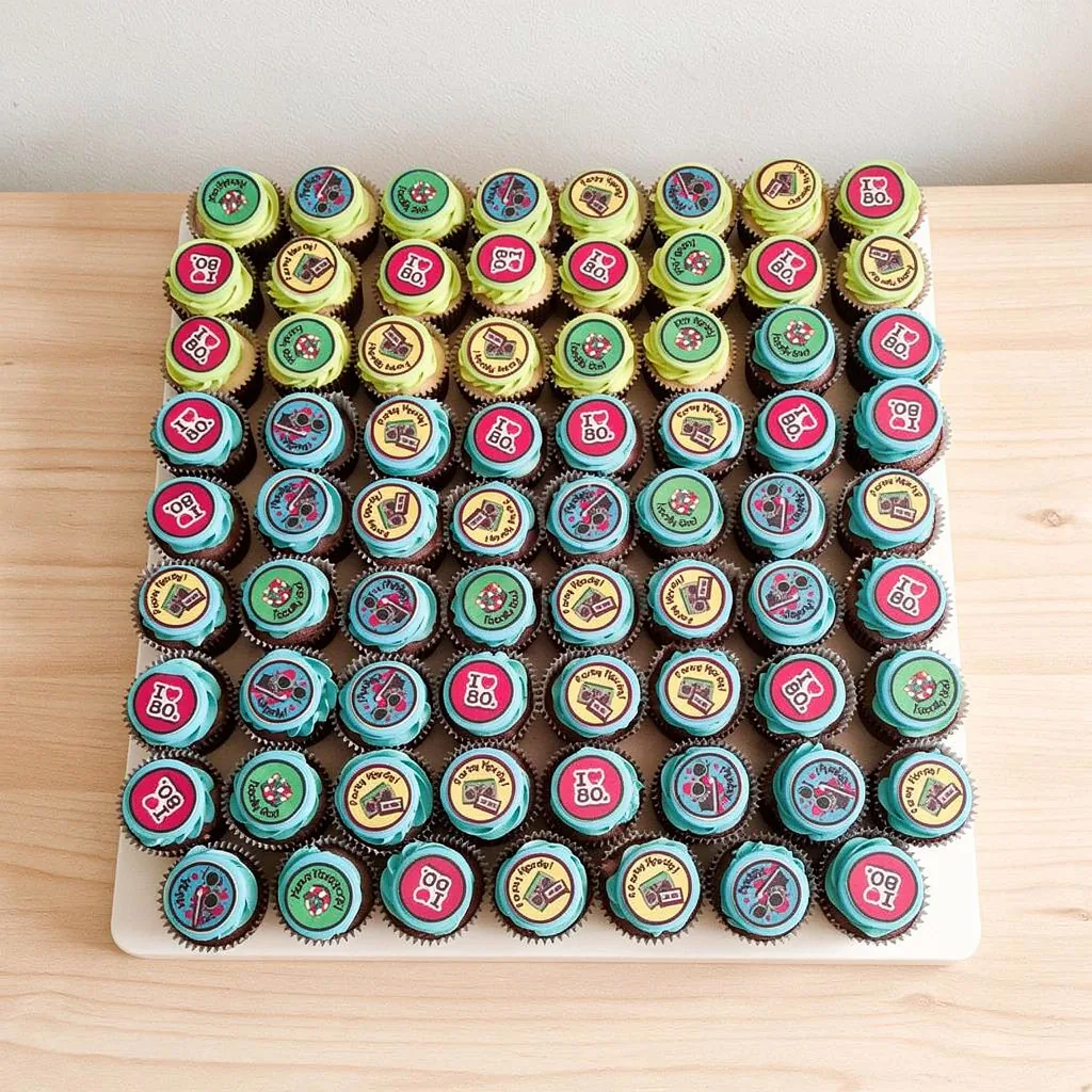 Tray of colorful cupcakes with retro 80s themed edible toppers in blue, yellow, red, and green icing