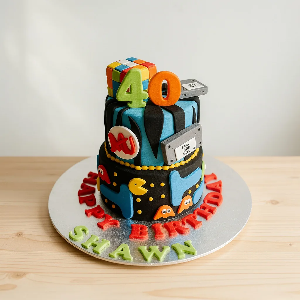 Two-tier cake decorated with a Rubik's cube, cassette tapes, and Pac-Man themed icing with 40 on top