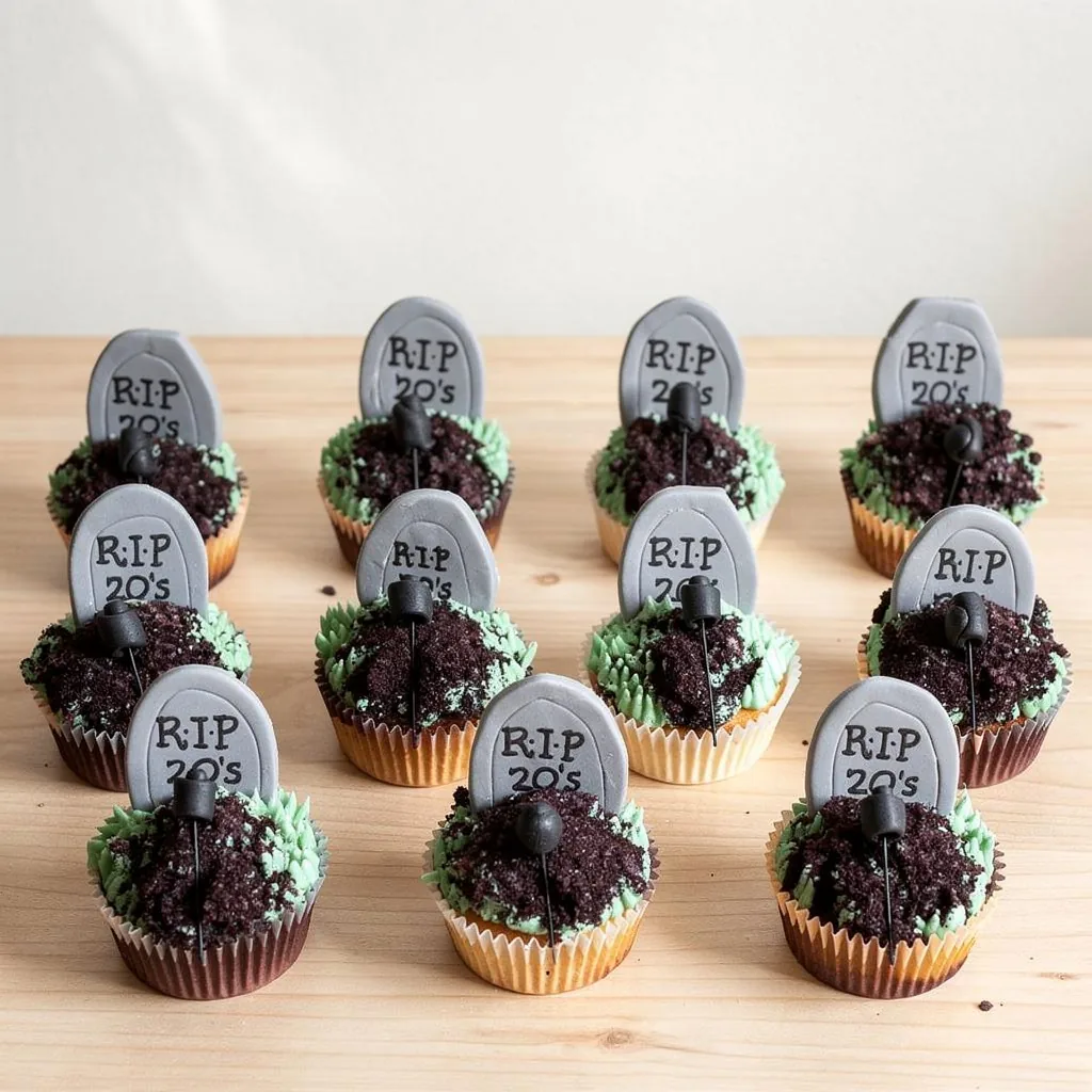 Twelve cupcakes decorated with green frosting, crumbled chocolate topping, and gray tombstone toppers reading 'RIP 20's'