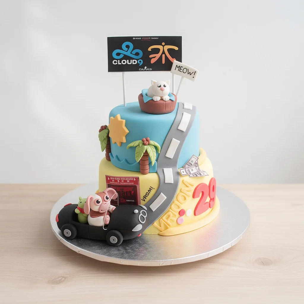 Two-tier cake with a road, palm trees, a toy car with a dog, a cat in a basket, and gaming logos