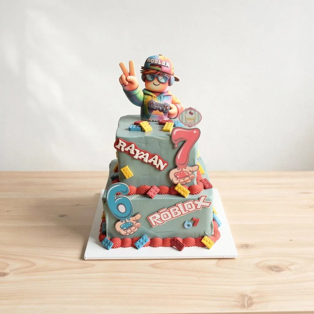Two-tier blue and red Roblox-themed birthday cake with a gaming figure topper and numbers 6 and 7