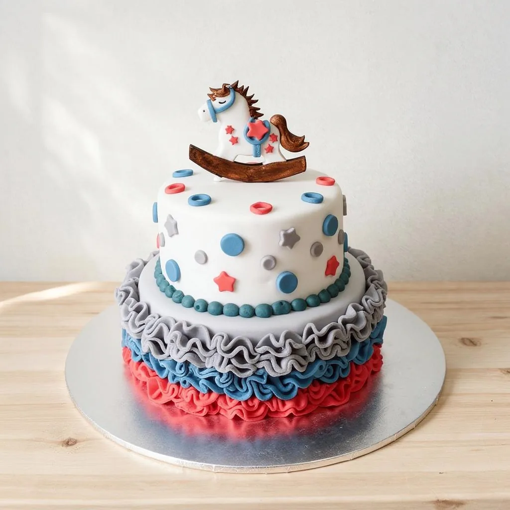 Two-tier cake with ruffled layers and a rocking horse topper with red blue and grey decorations