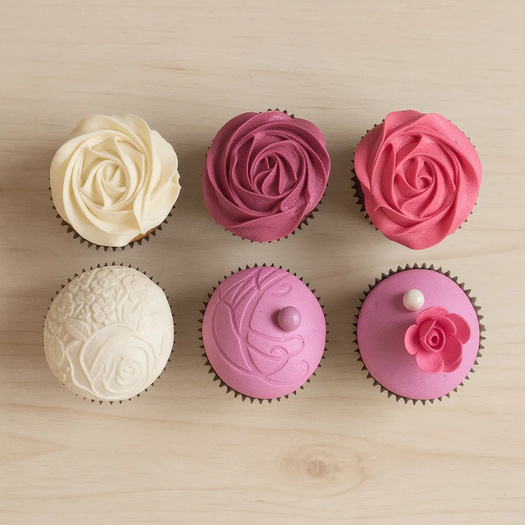 Six decorated cupcakes with rose swirl and embossed floral designs in shades of pink, cream, and purple