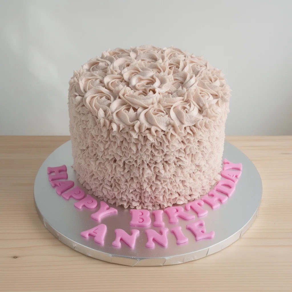 Round cake covered in pale pink ruffled buttercream with pink happy birthday letters on silver base