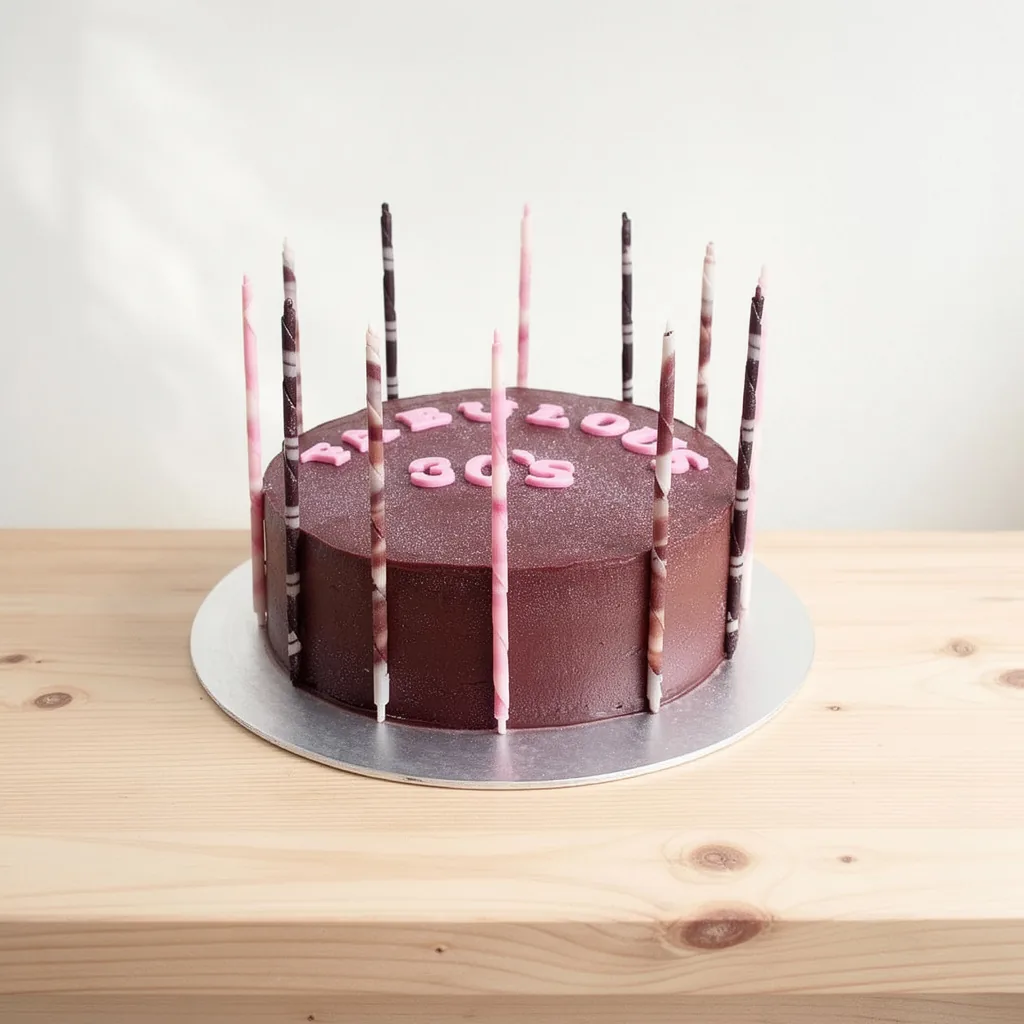 Round chocolate cake with pink and brown striped candles and pink lettering on top
