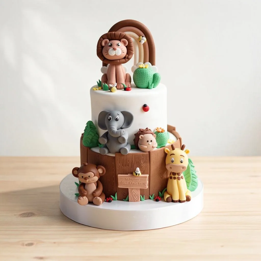 Two-tier cake decorated with fondant safari animals including a lion, elephant, monkey, giraffe, and hedgehog