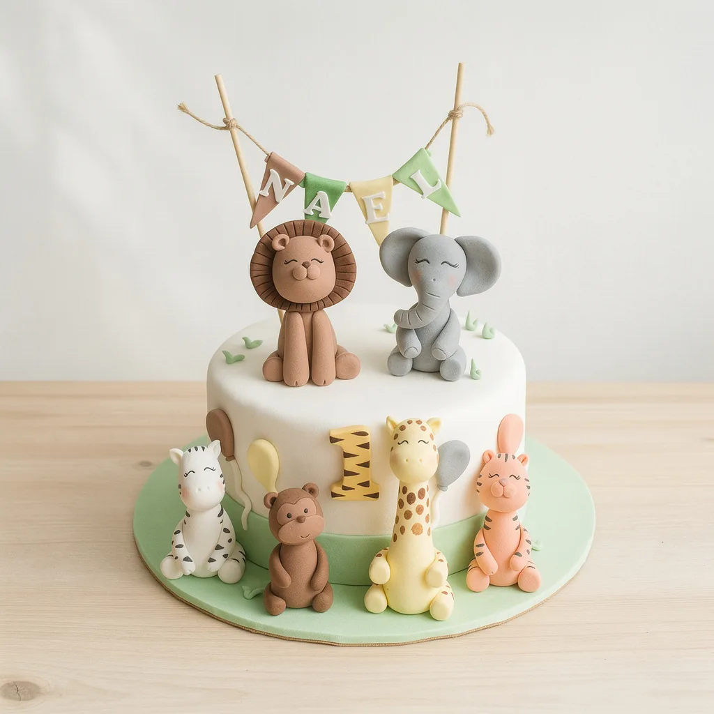 Round white cake with fondant safari animals and a banner on wooden sticks