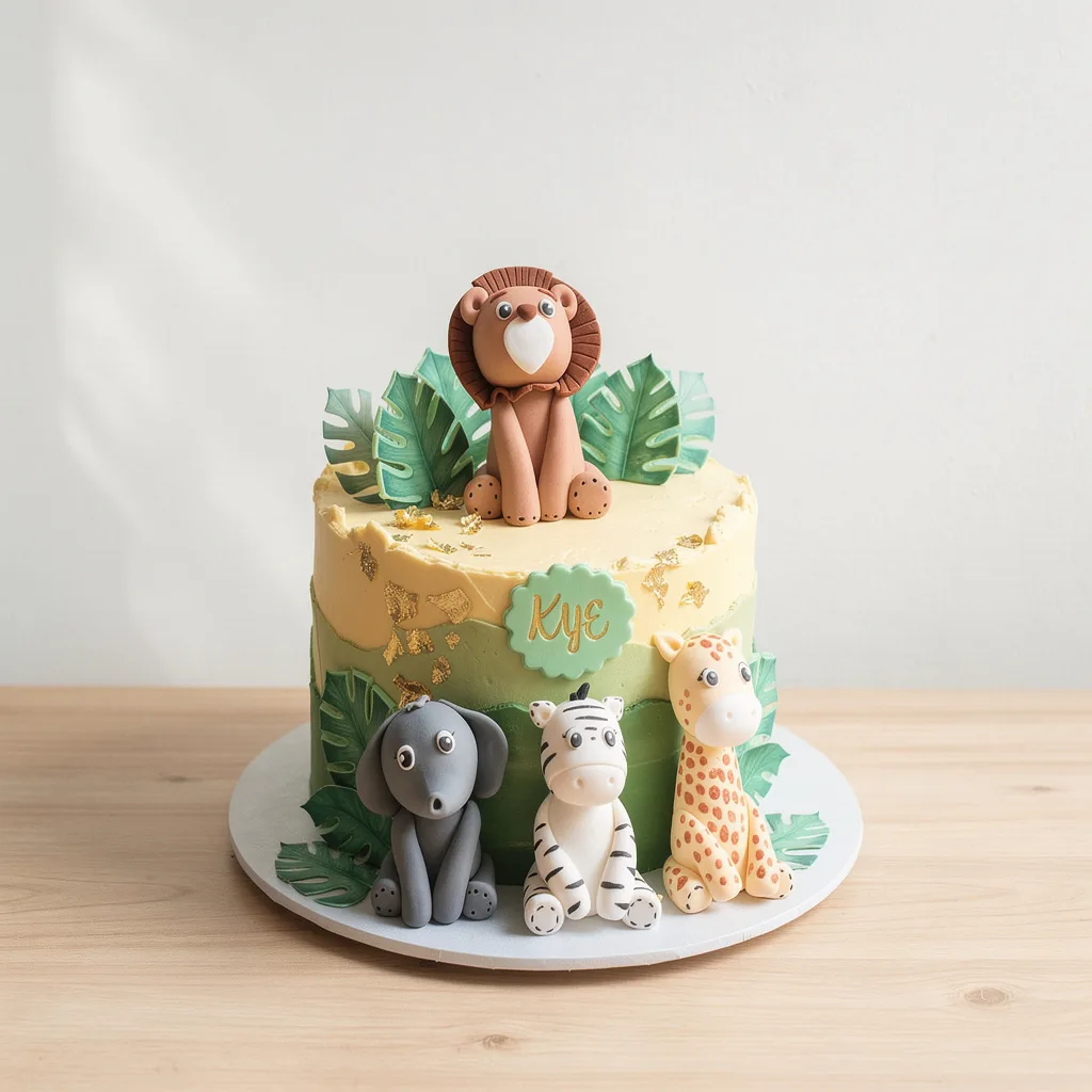 Two-tier cake with fondant safari animals and tropical leaves on green and yellow icing