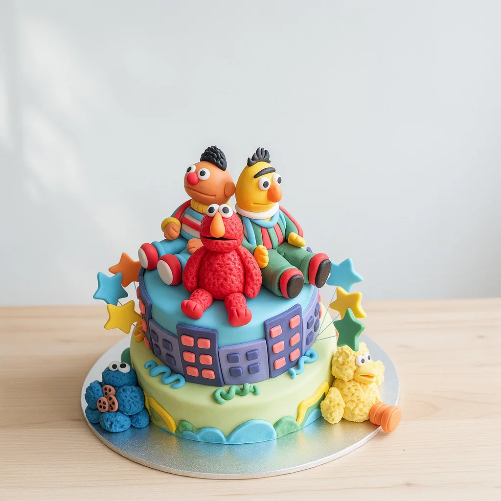 Two-tier cake decorated with fondant figures of Sesame Street characters including Elmo, Bert, Ernie, Cookie Monster, and Big…