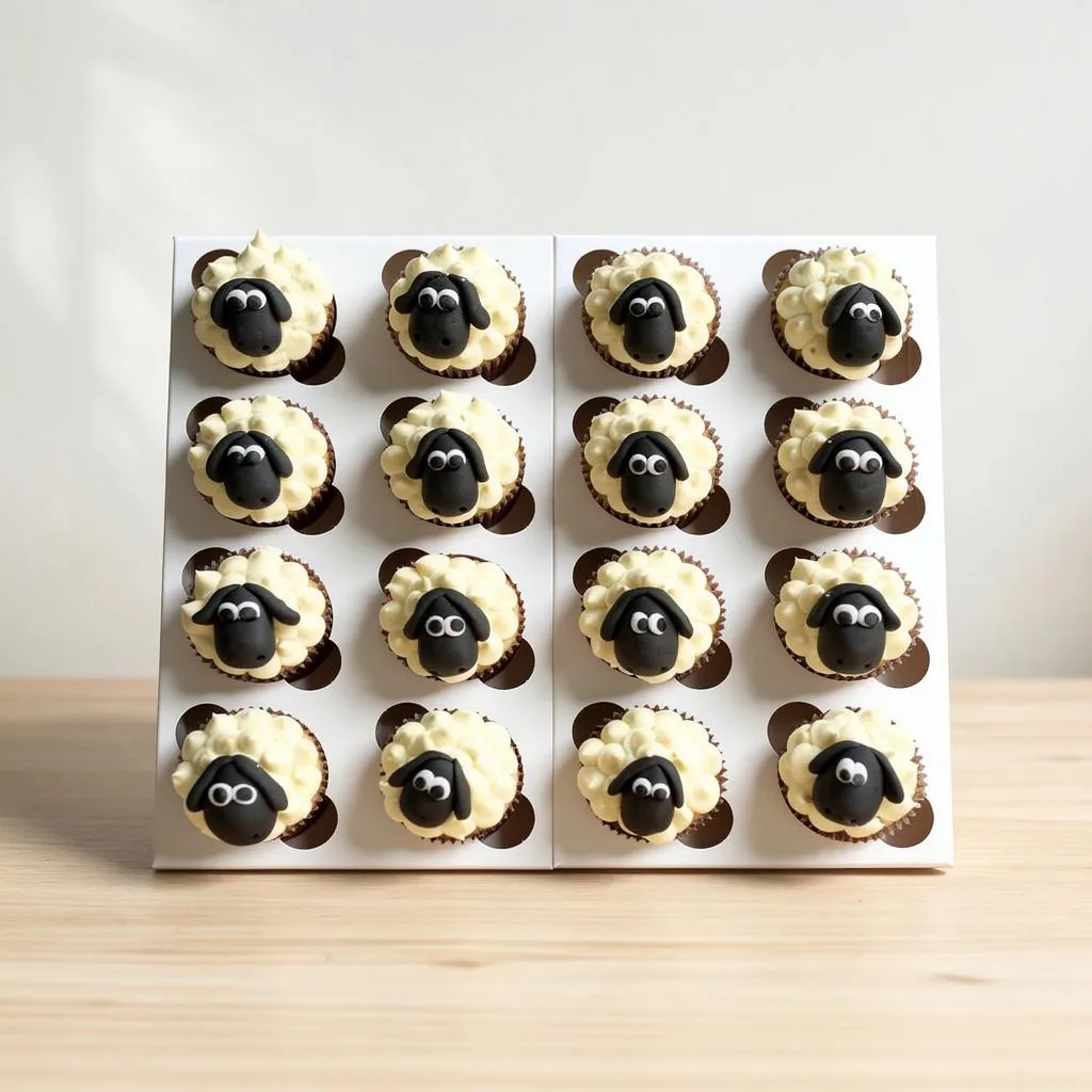 Cupcakes with white icing and black fondant sheep faces with big eyes