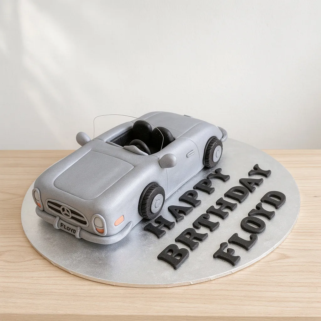 Silver retro convertible car birthday cake with black tires and black interior seats