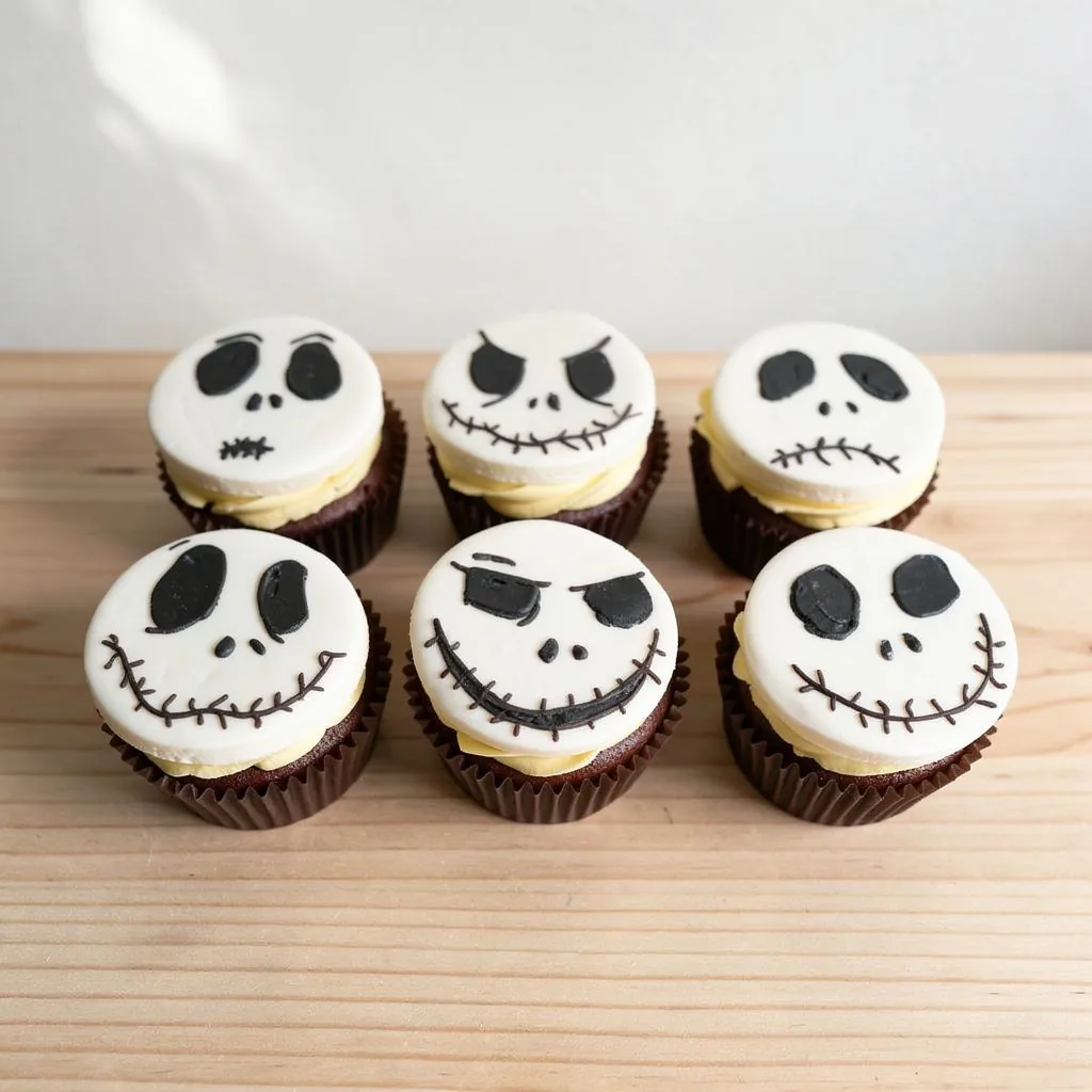 Set of six chocolate cupcakes with white icing and different black skull face designs