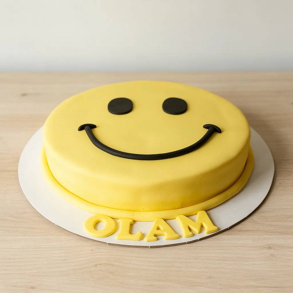 Round yellow cake with a black smiley face decoration and yellow letters on the base