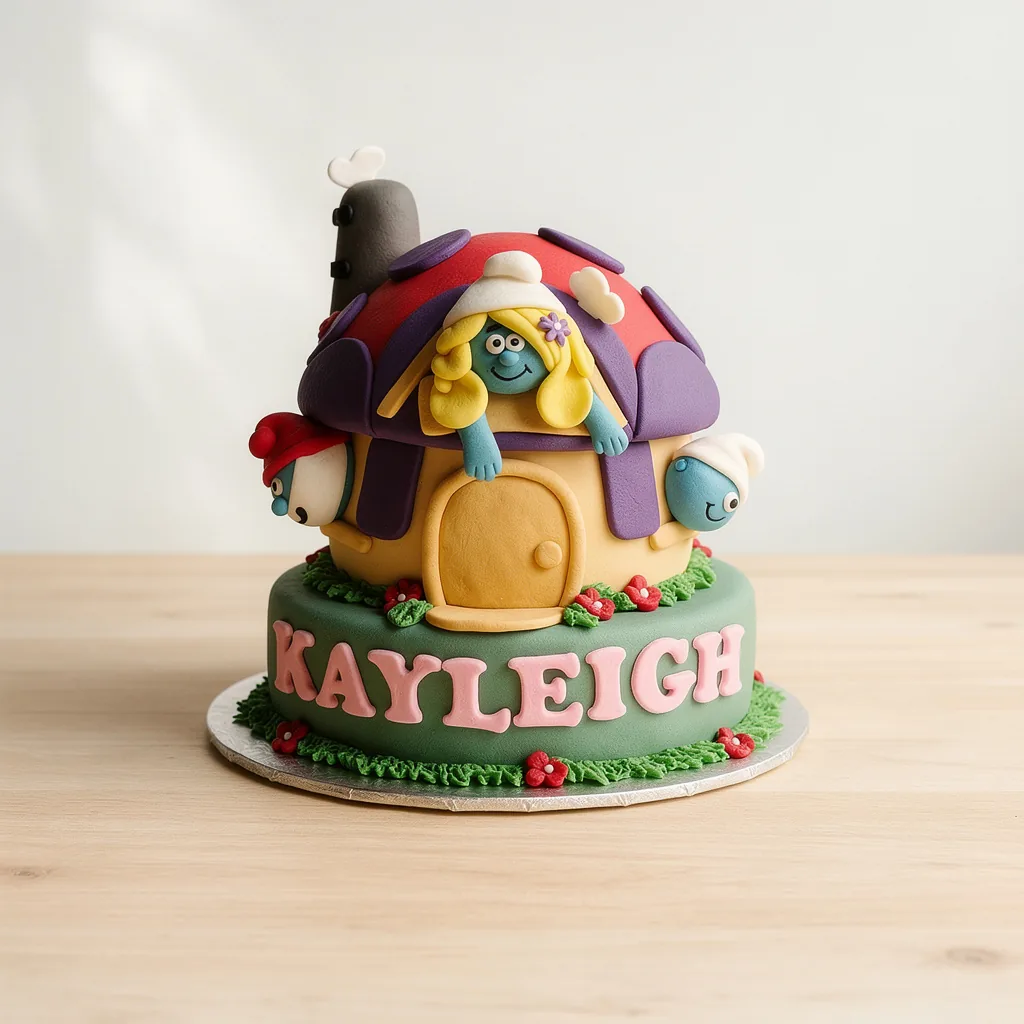 Two-tier cake shaped like a colorful mushroom house with three fondant Smurf characters and pink name letters.