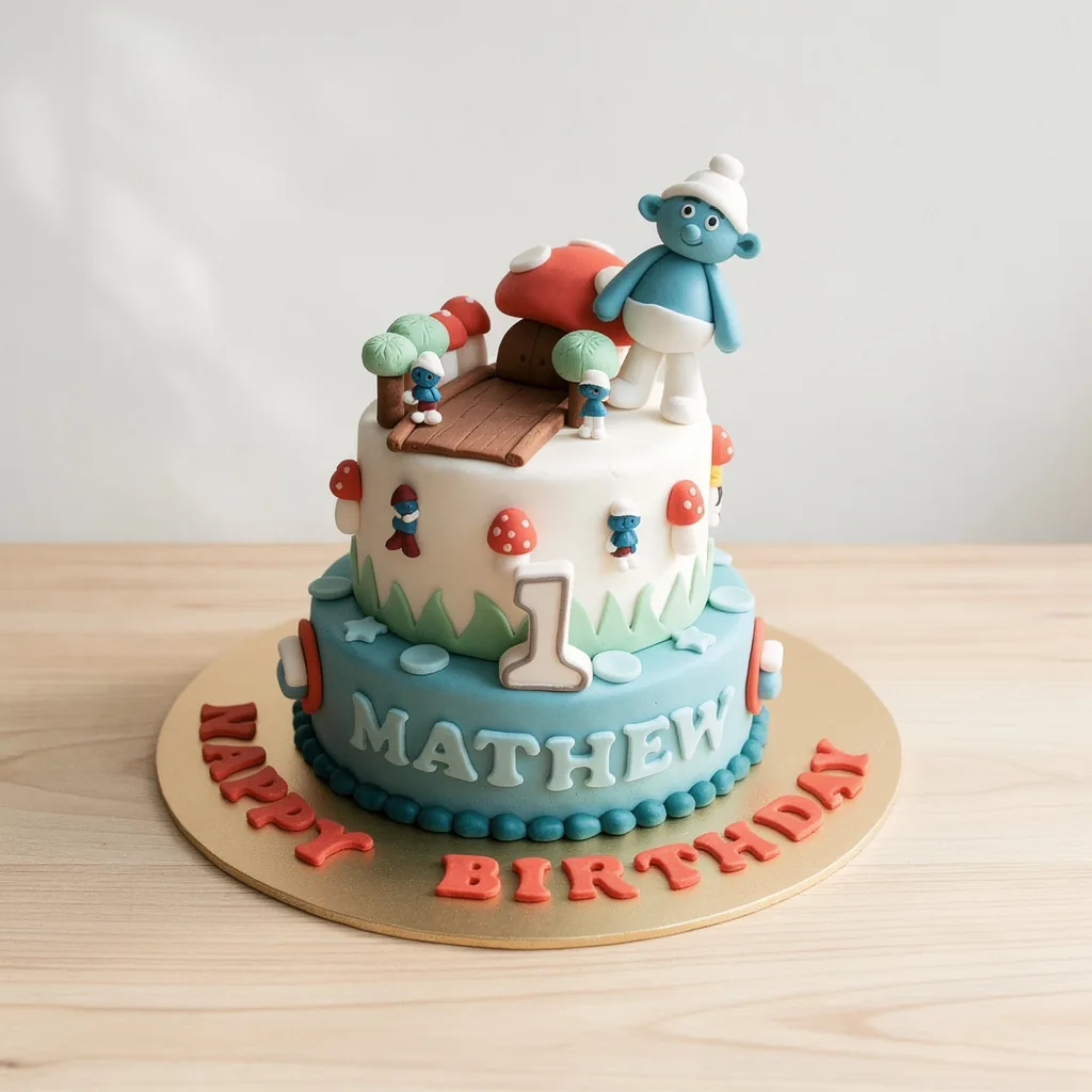 Two-tiered birthday cake with blue and white tiers featuring Smurf characters and mushrooms
