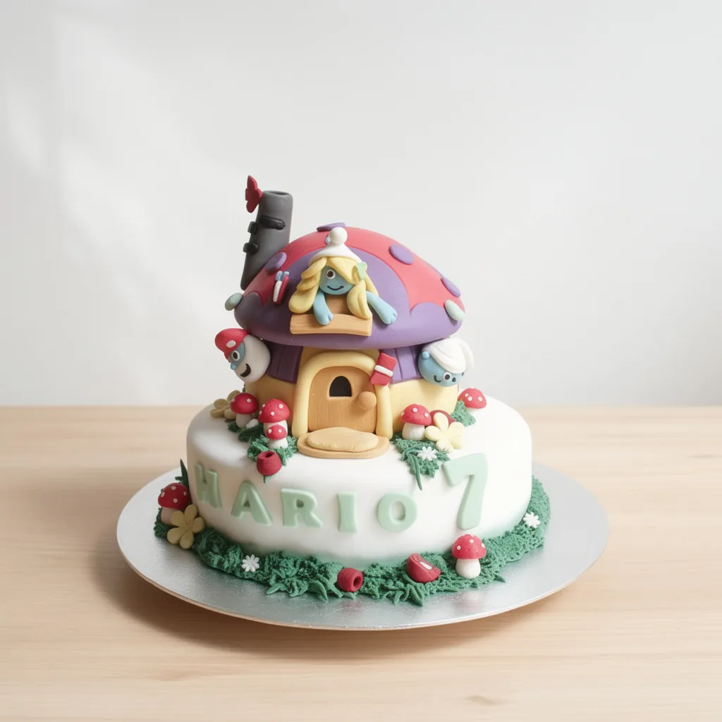 Round cake with a mushroom house and Smurfs figures on top with name and age