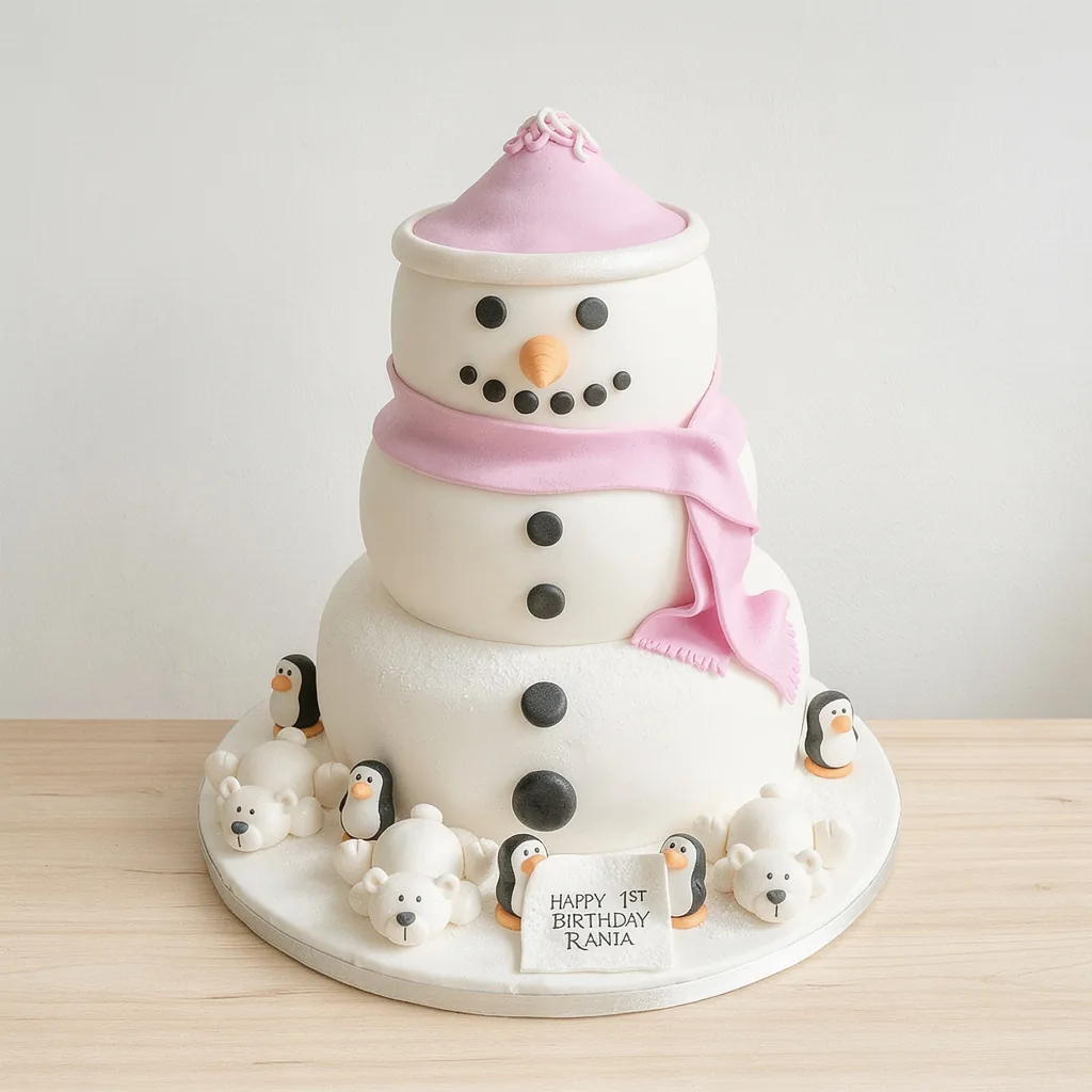 Three-tier white snowman cake with pink scarf and hat, surrounded by small penguin and polar bear fondant figures