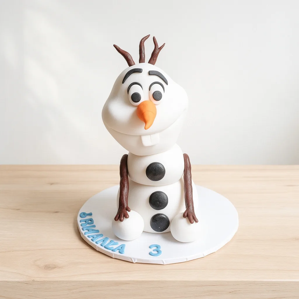 White snowman cake with brown twig arms and orange carrot nose on a white base