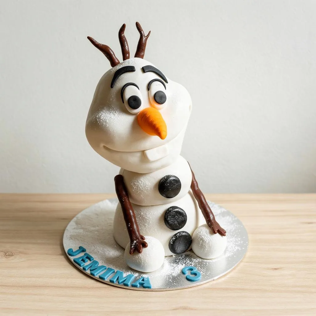 A three-tiered cake shaped and decorated like a cartoon snowman with orange carrot nose and brown twig arms.