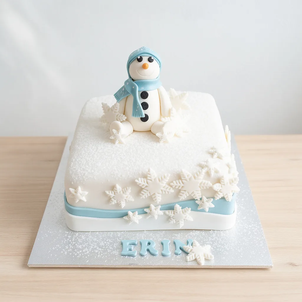 Square white cake topped with a snowman figurine wearing a blue hat and scarf, decorated with snowflakes