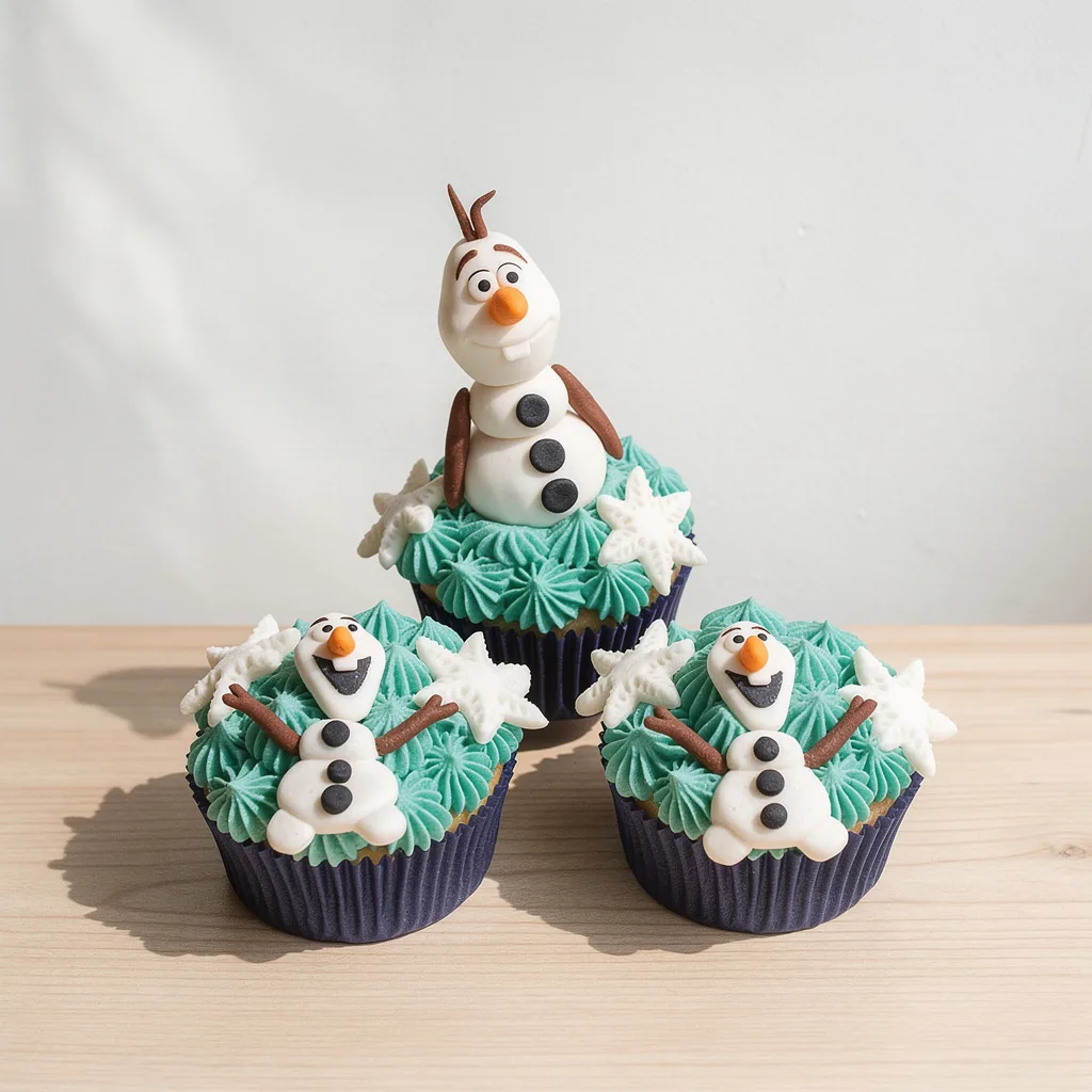 Three cupcakes with teal frosting topped with white snowman and snowflake decorations