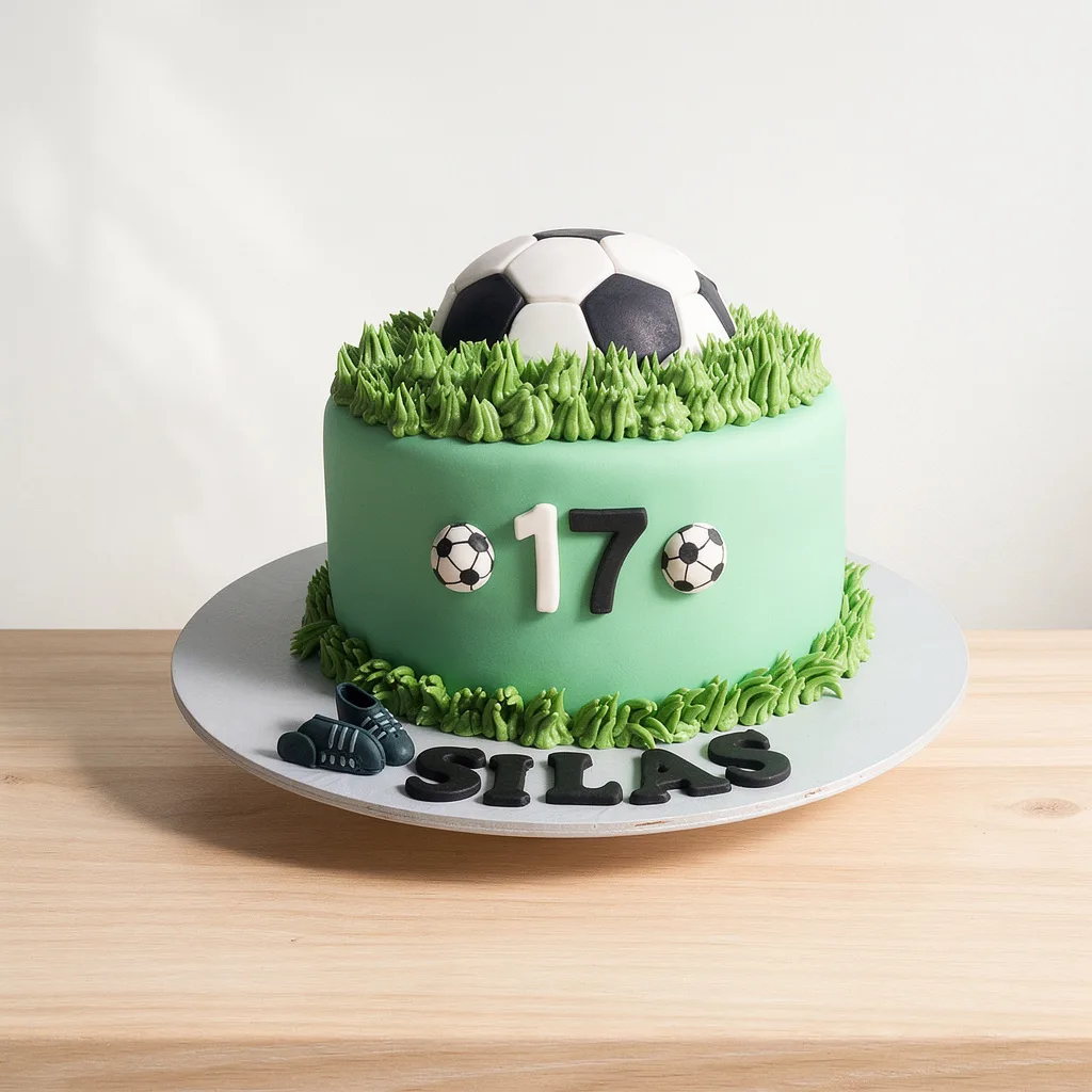 Round green birthday cake with black and white soccer ball on top and number 17