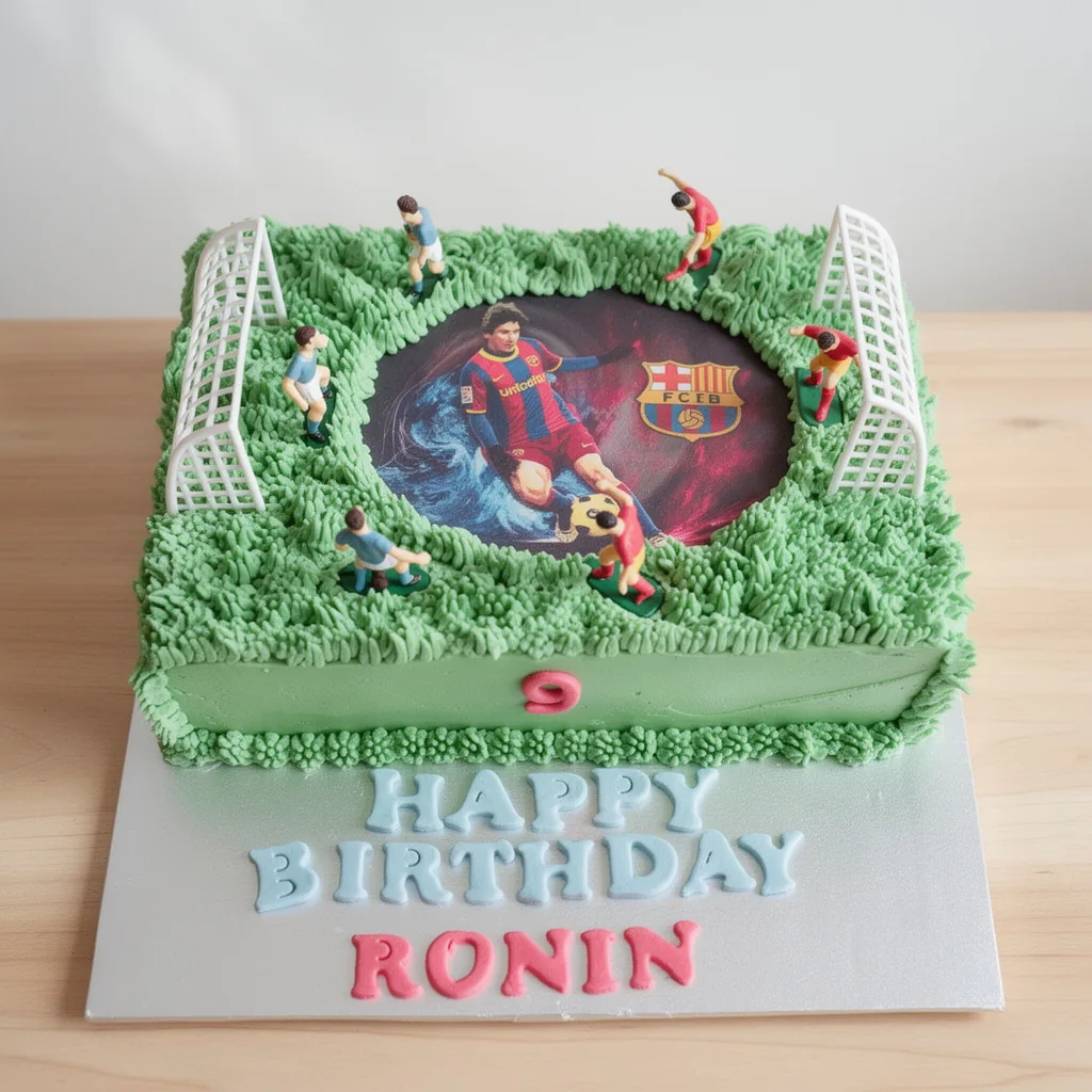 Square green soccer field cake with edible soccer player image and miniature player figures