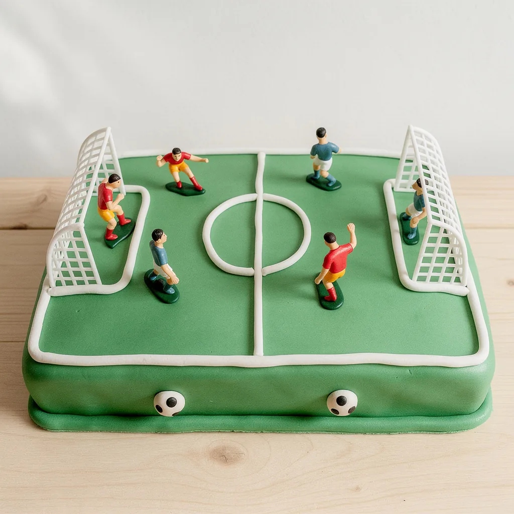 Rectangular cake decorated as a green soccer field with white markings and player figurines