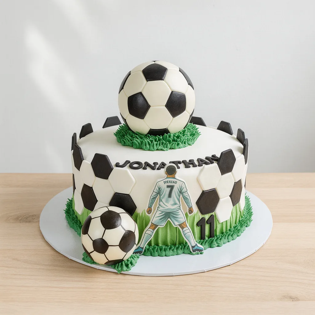 Round cake decorated with black and white pentagon patterns and soccer balls on top and side
