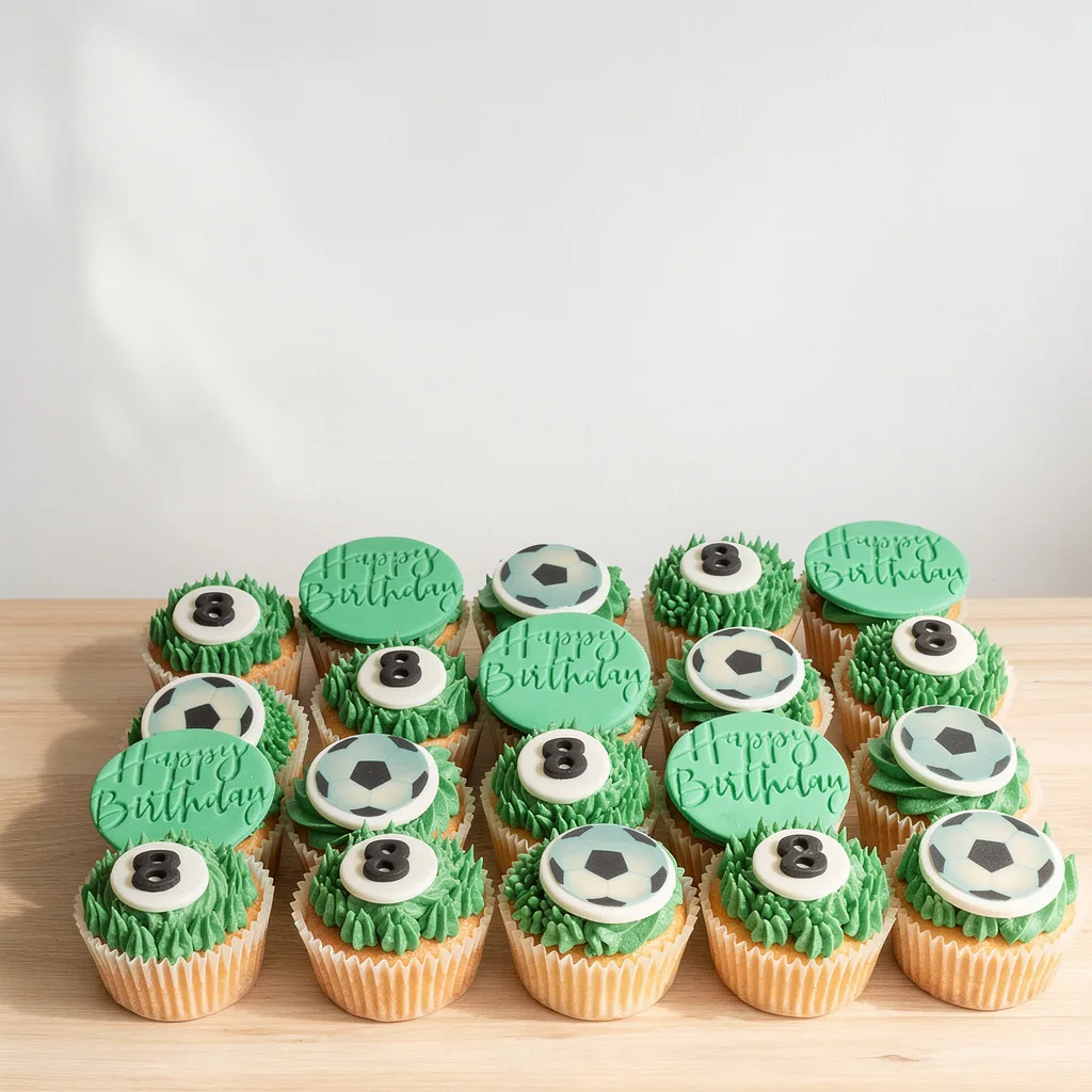 Vanilla cupcakes with green frosting topped with edible soccer ball, number 8, and happy birthday decorations