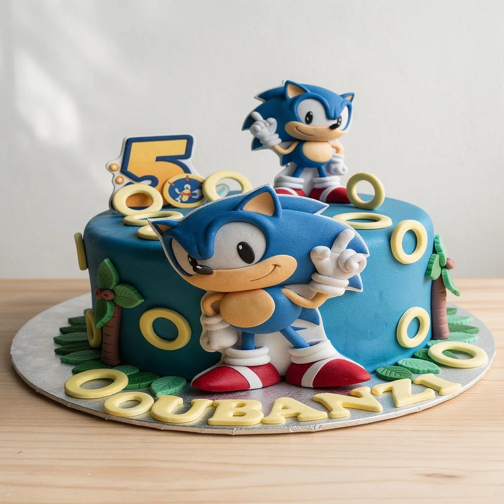 Blue birthday cake decorated with two Sonic the Hedgehog figures, yellow rings, and palm trees