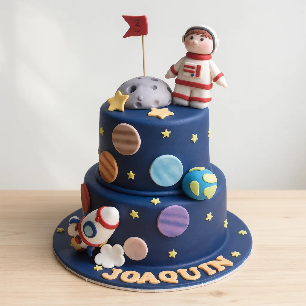 Two-tier cake with space theme featuring planets, stars, astronaut figure, and rocket with red flag number 3