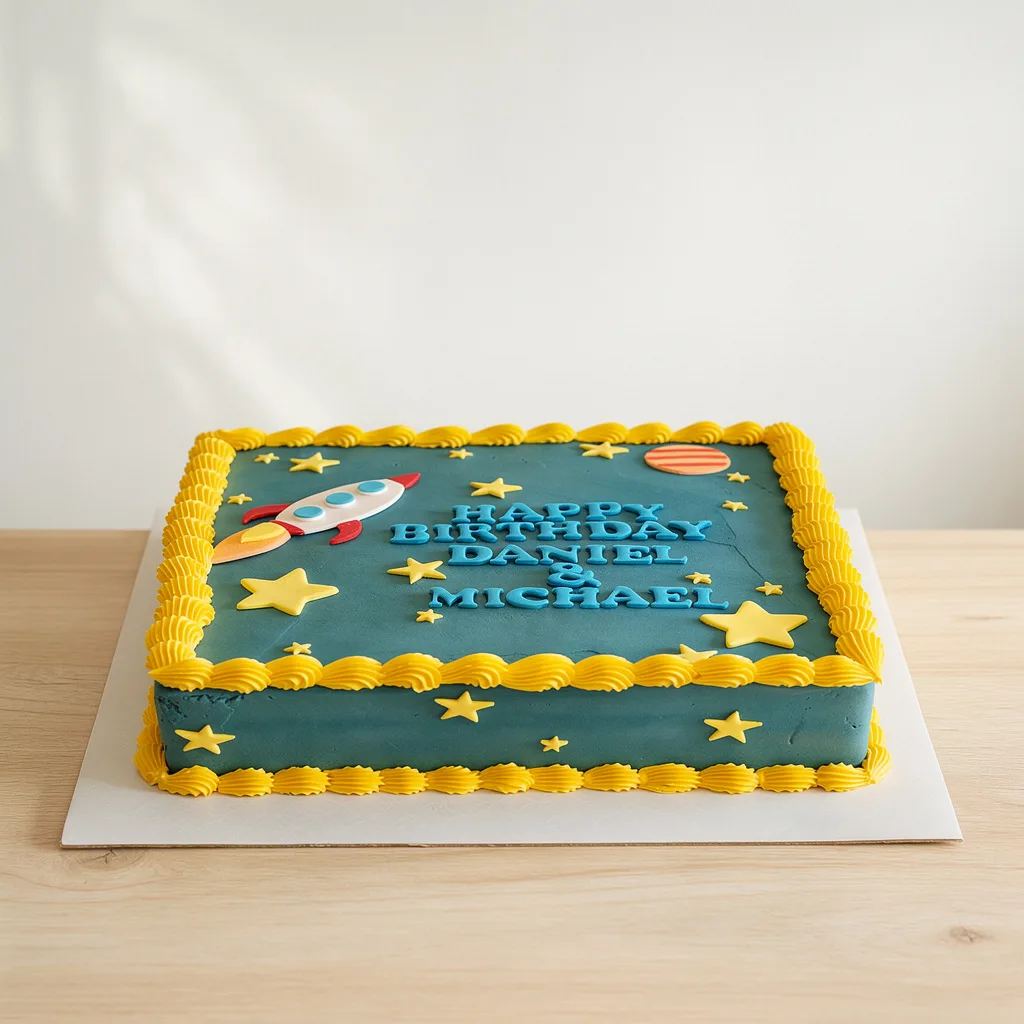 Rectangular birthday cake with blue icing, yellow star decorations, and a rocket on top
