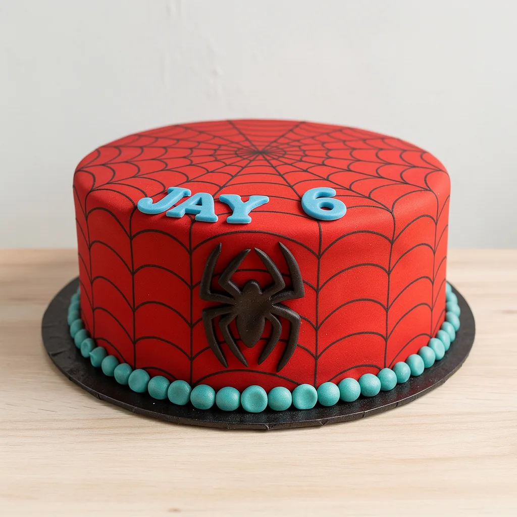 Round red cake with black spider web design and a black spider decoration
