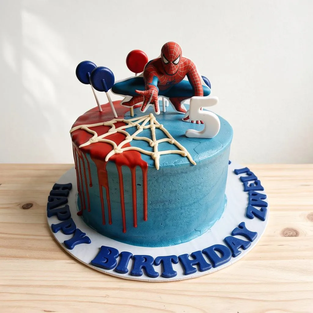 Round blue and red birthday cake with Spider-Man figure, white web decoration, and number 5 candle