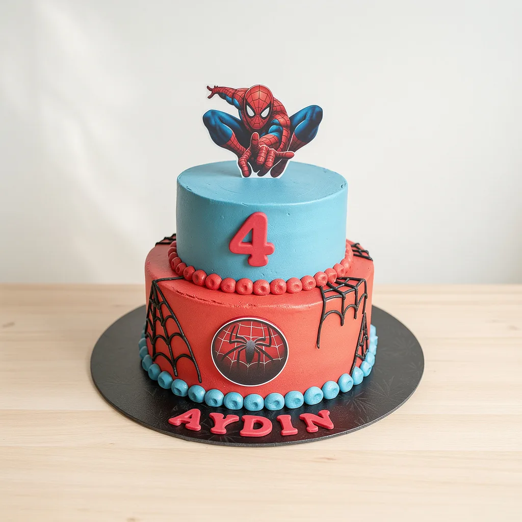 Two-tier birthday cake with red and blue frosting, Spider-Man topper and web designs