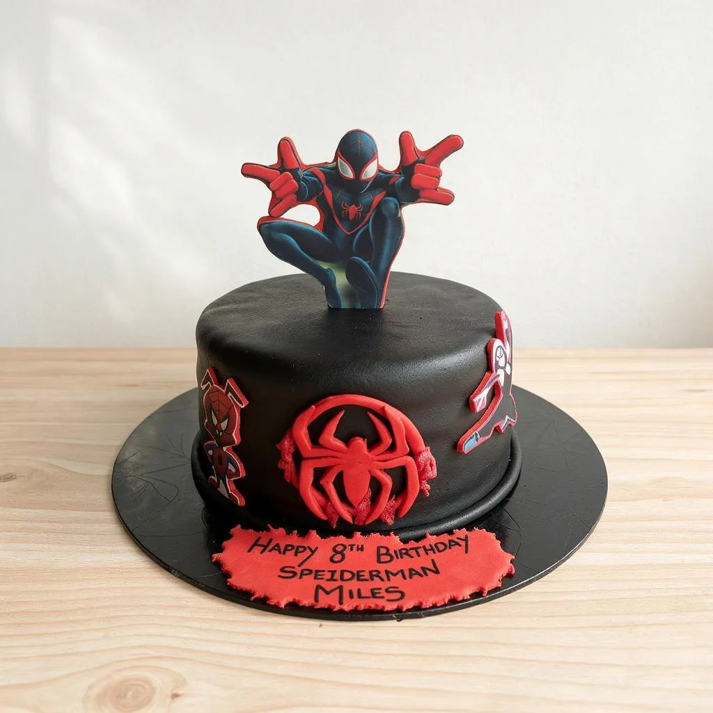 Round black cake with red spider emblem and Spiderman toppers