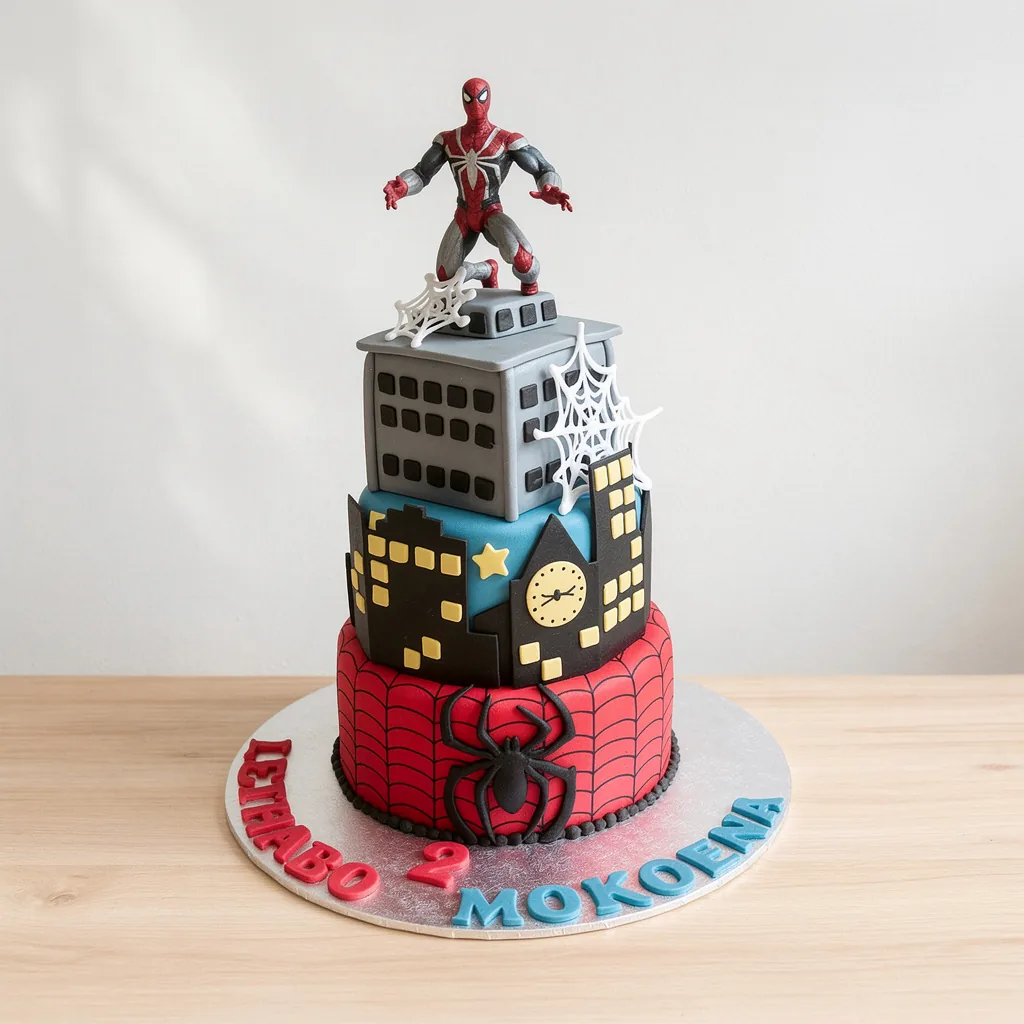 Three-tier cake with red and black spider web design, city skyline, and Spider-Man figure on top