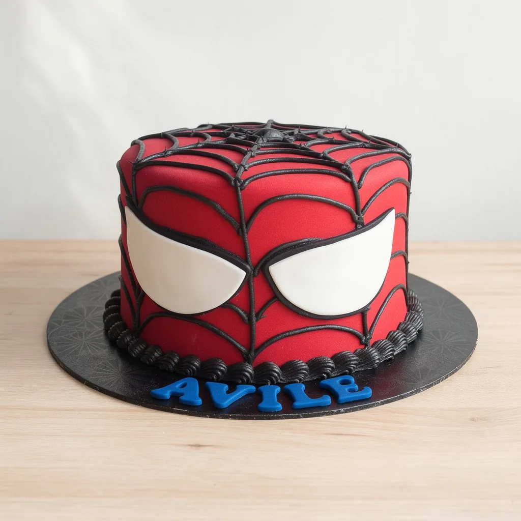 Round cake decorated in red fondant with black spiderweb icing and large white eyes