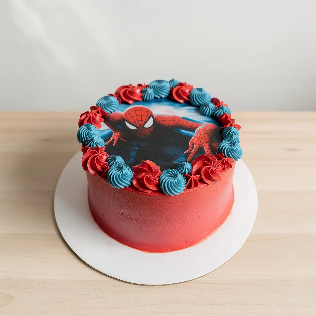 Round cake with red and blue frosting and a Spider-Man themed edible image on top