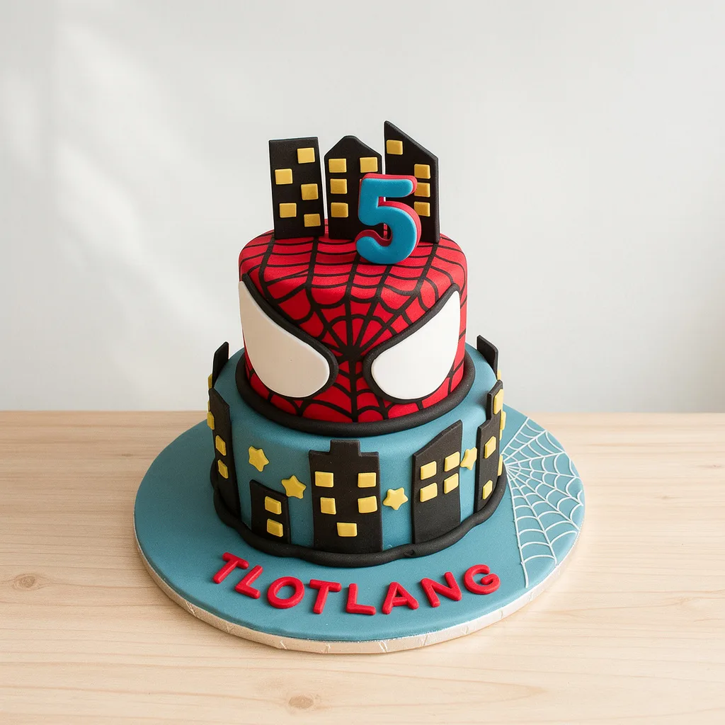 Two-tier cake with upper tier decorated as Spiderman mask and lower tier with city skyline and stars
