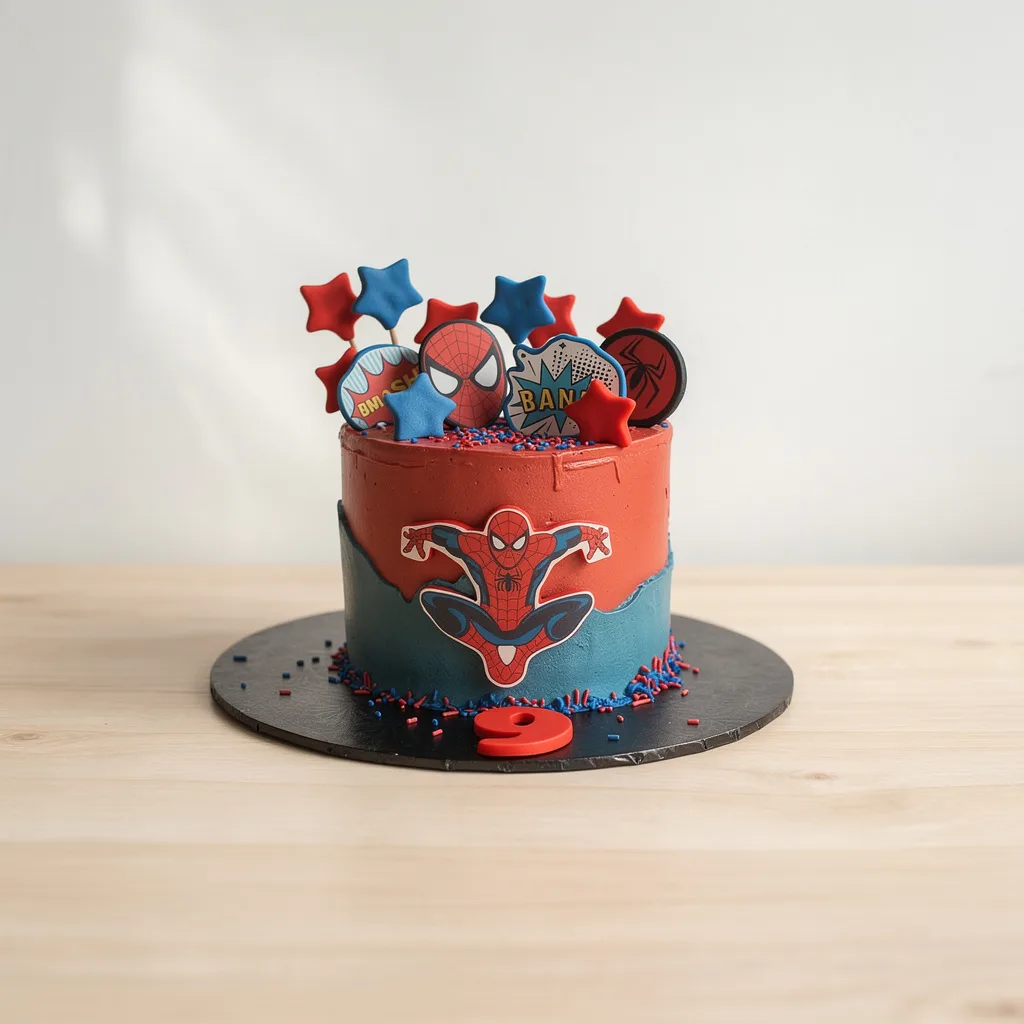 Red and blue cake decorated with Spider-Man toppers and star shapes