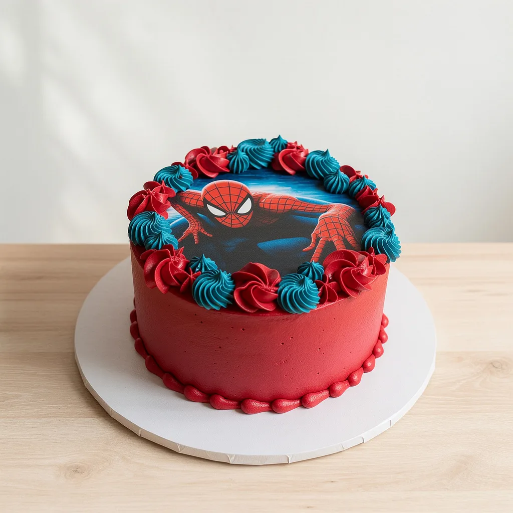 Red and blue frosted round cake with Spiderman image on top and red and blue frosting rosettes