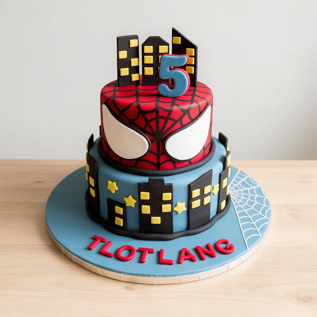 Two-tier red and blue birthday cake with Spiderman mask design, city skyline, and number 5 topper